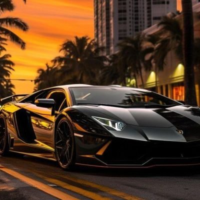 Lamborghini aventador na avenida de Miami ao pôr do sol _ imagem Premium gerada com IA Lamborghini aventador na avenida de Miami ao pôr do sol _ imagem Premium gerada com IA